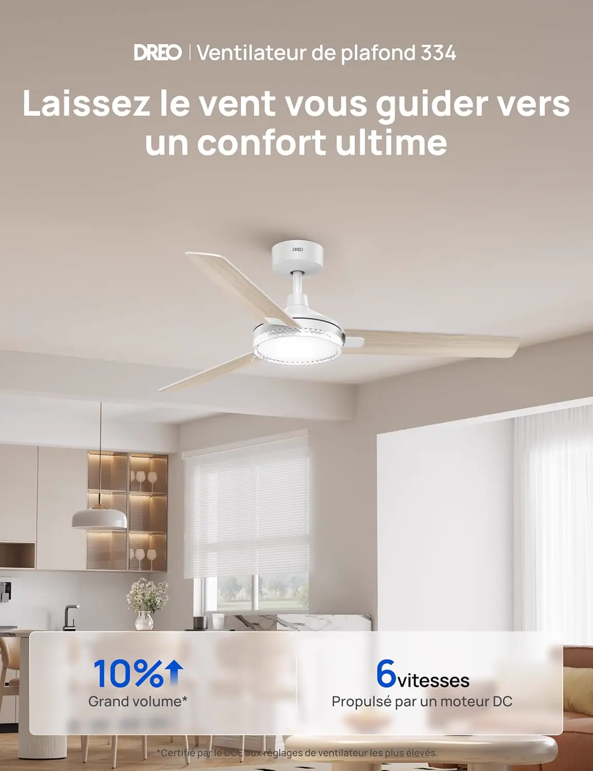 DREO ventilateur de plafond avec lumière et télécommande 132 cm, vue 2