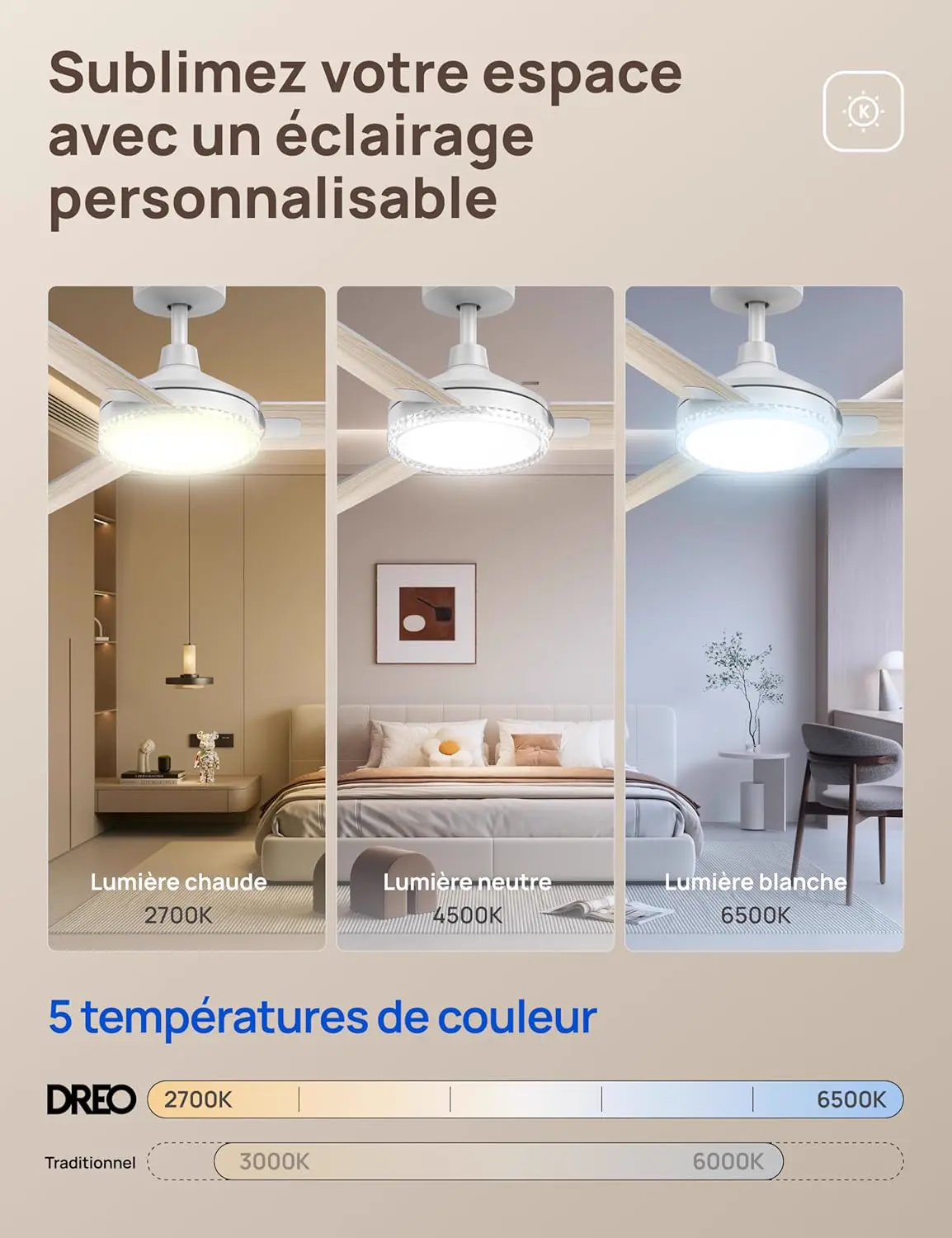 DREO ventilateur de plafond avec lumière et télécommande 132 cm, vue 5