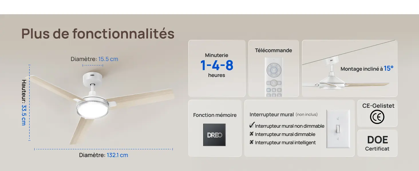 DREO ventilateur de plafond avec lumière et télécommande 132 cm, — contenu détaillé 15