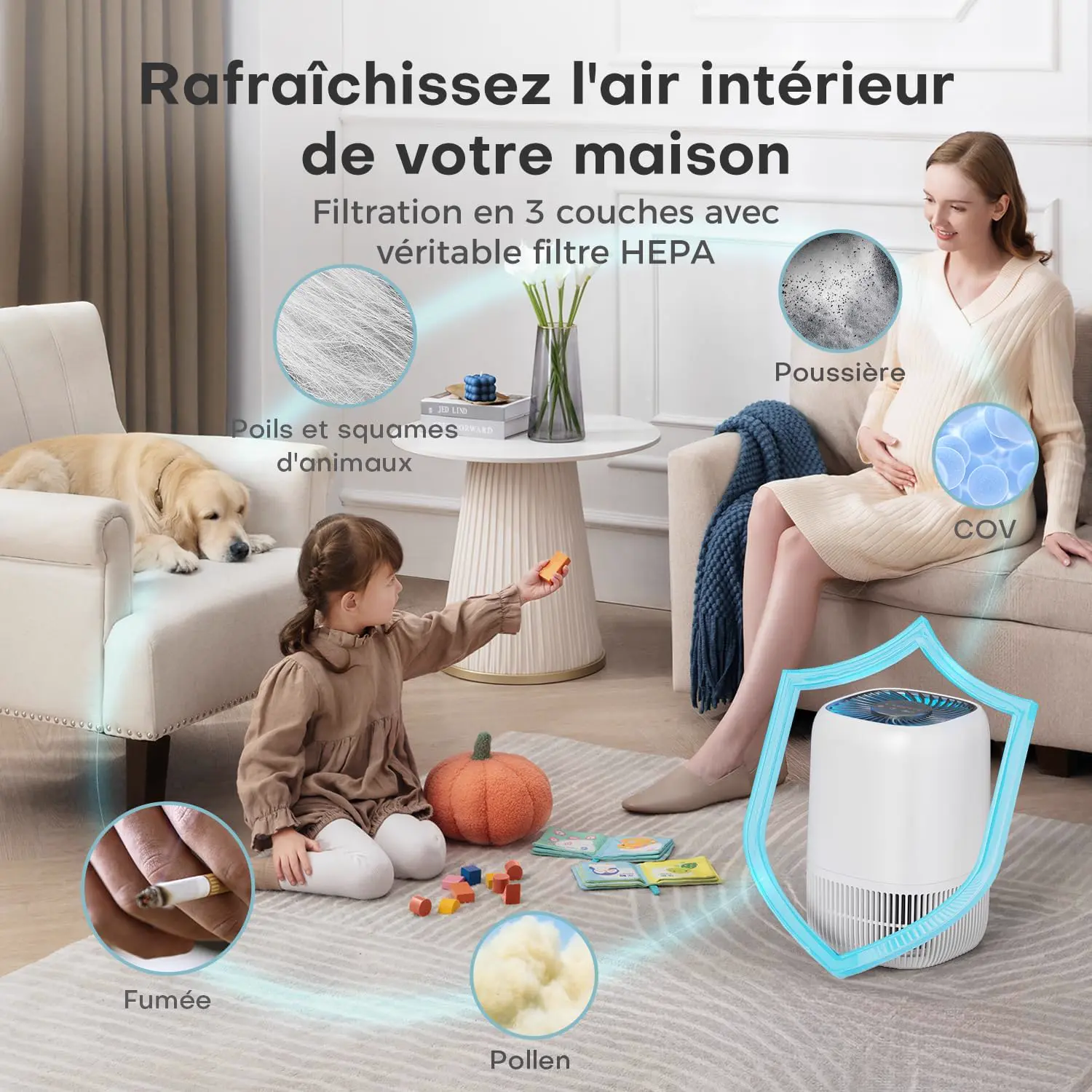AROEVE Purificateur d'Air avec Filtre HEPA H13 à 3 Étages, Pour vue 3