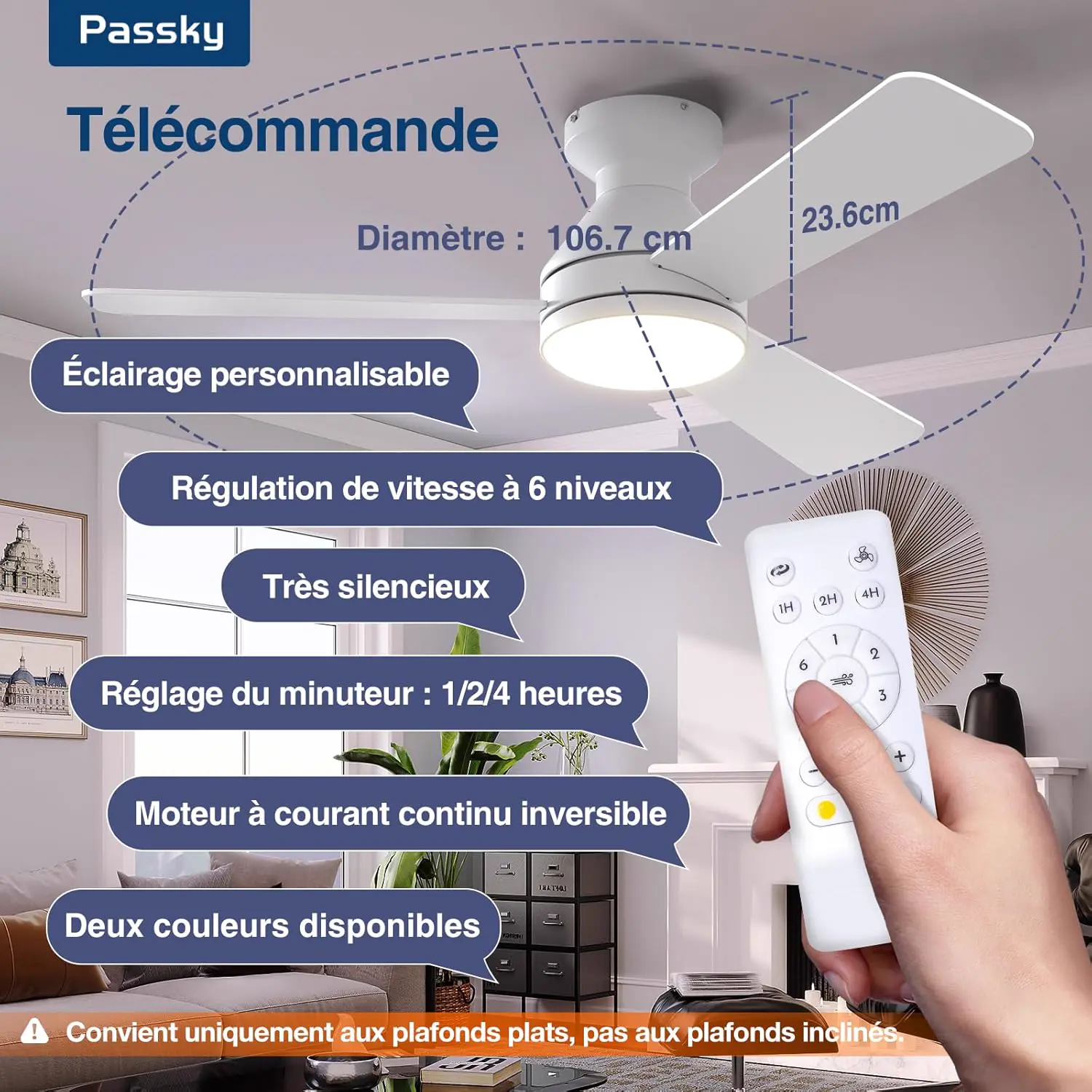 Passky Ventilateur de plafond avec lumière silencieux 107cm, vue 2