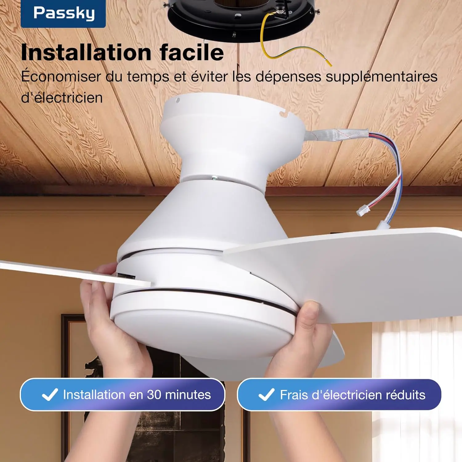 Passky Ventilateur de plafond avec lumière silencieux 107cm, vue 9
