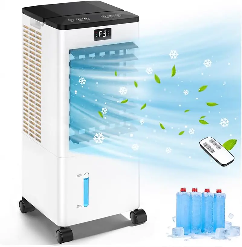 Climatiseur Mobile Silencieux 8L Climatiseur sans Évacuation Rafraîchisseur d'Air avec 2 Coussin d'eau, Minuterie 12H, 60W, 3 Vitesses, 3 Modes, Télécommande Incluse pour Chambre, Bureau, Maison