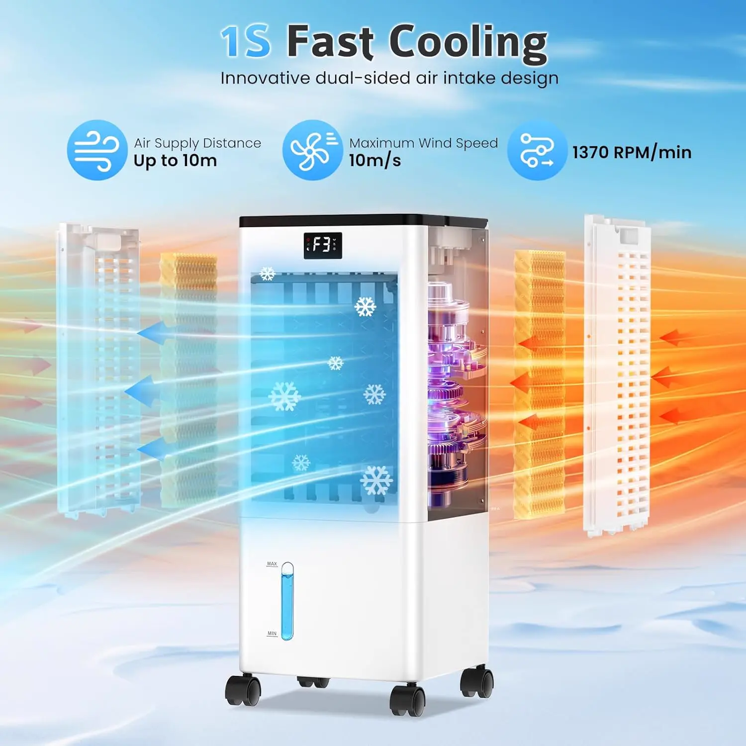 Climatiseur Mobile Silencieux 8L Climatiseur sans Évacuation Rafraîchisseur d'Air avec 2 Coussin d'eau, Minuterie 12H, 60W, 3 Vitesses, 3 Modes, Télécommande Incluse pour Chambre, Bureau, Maison vue 2