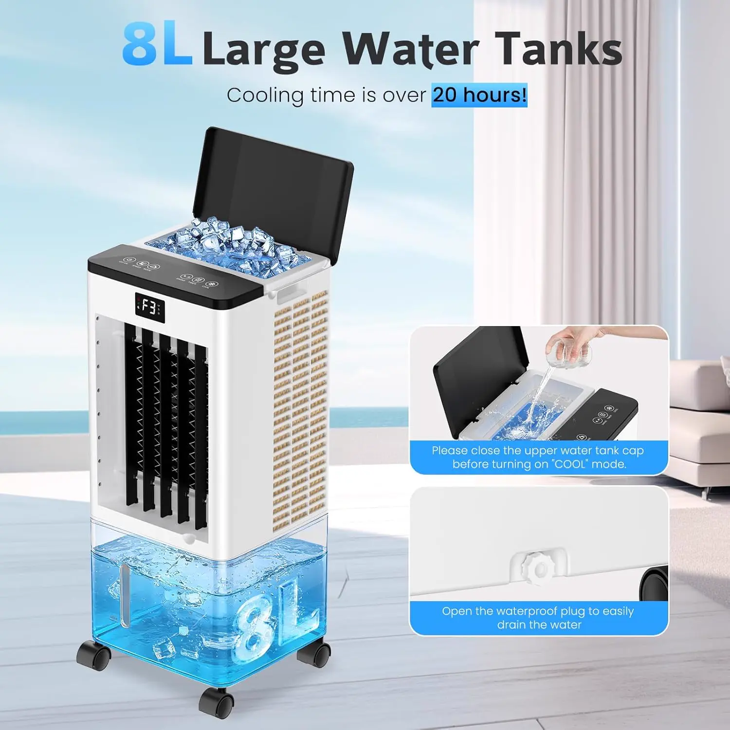 Climatiseur Mobile Silencieux 8L Climatiseur sans Évacuation Rafraîchisseur d'Air avec 2 Coussin d'eau, Minuterie 12H, 60W, 3 Vitesses, 3 Modes, Télécommande Incluse pour Chambre, Bureau, Maison vue 3