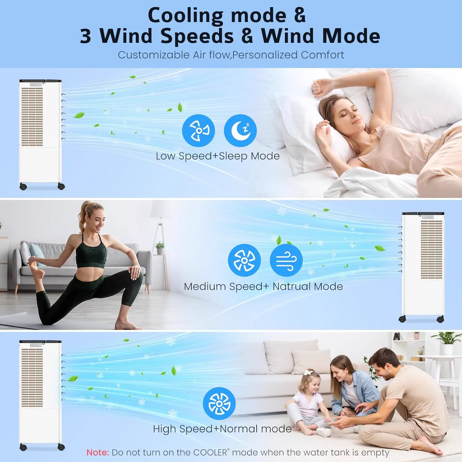 Climatiseur Mobile Silencieux 8L Climatiseur sans Évacuation Rafraîchisseur d'Air avec 2 Coussin d'eau, Minuterie 12H, 60W, 3 Vitesses, 3 Modes, Télécommande Incluse pour Chambre, Bureau, Maison vue 4