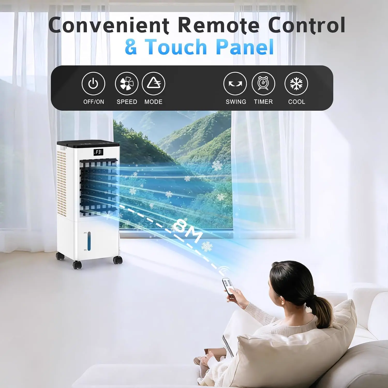 Climatiseur Mobile Silencieux 8L Climatiseur sans Évacuation Rafraîchisseur d'Air avec 2 Coussin d'eau, Minuterie 12H, 60W, 3 Vitesses, 3 Modes, Télécommande Incluse pour Chambre, Bureau, Maison vue 6