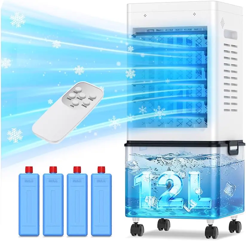 Climatiseur Mobile Silencieux Sans Évacuation 12L Rafraichisseur d'air, Entrée d'Air sur 3 Côtés, 45W, 6 Vitesses, 24H Minuterie, 3 Modes, Oscillation 60°/120°, 4 Blocs de Glace pour Chambre, Bureau