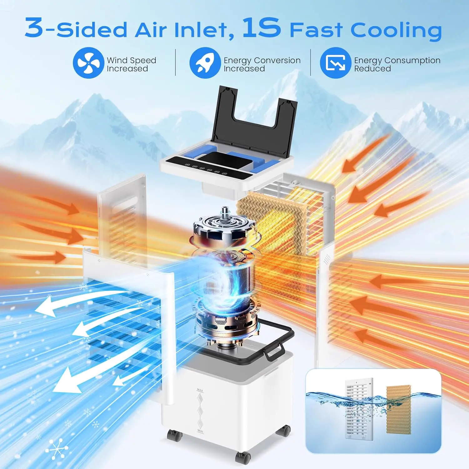 Climatiseur Mobile Silencieux Sans Évacuation 12L Rafraichisseur d'air, Entrée d'Air sur 3 Côtés, 45W, 6 Vitesses, 24H Minuterie, 3 Modes, Oscillation 60°/120°, 4 Blocs de Glace pour Chambre, Bureau vue 2