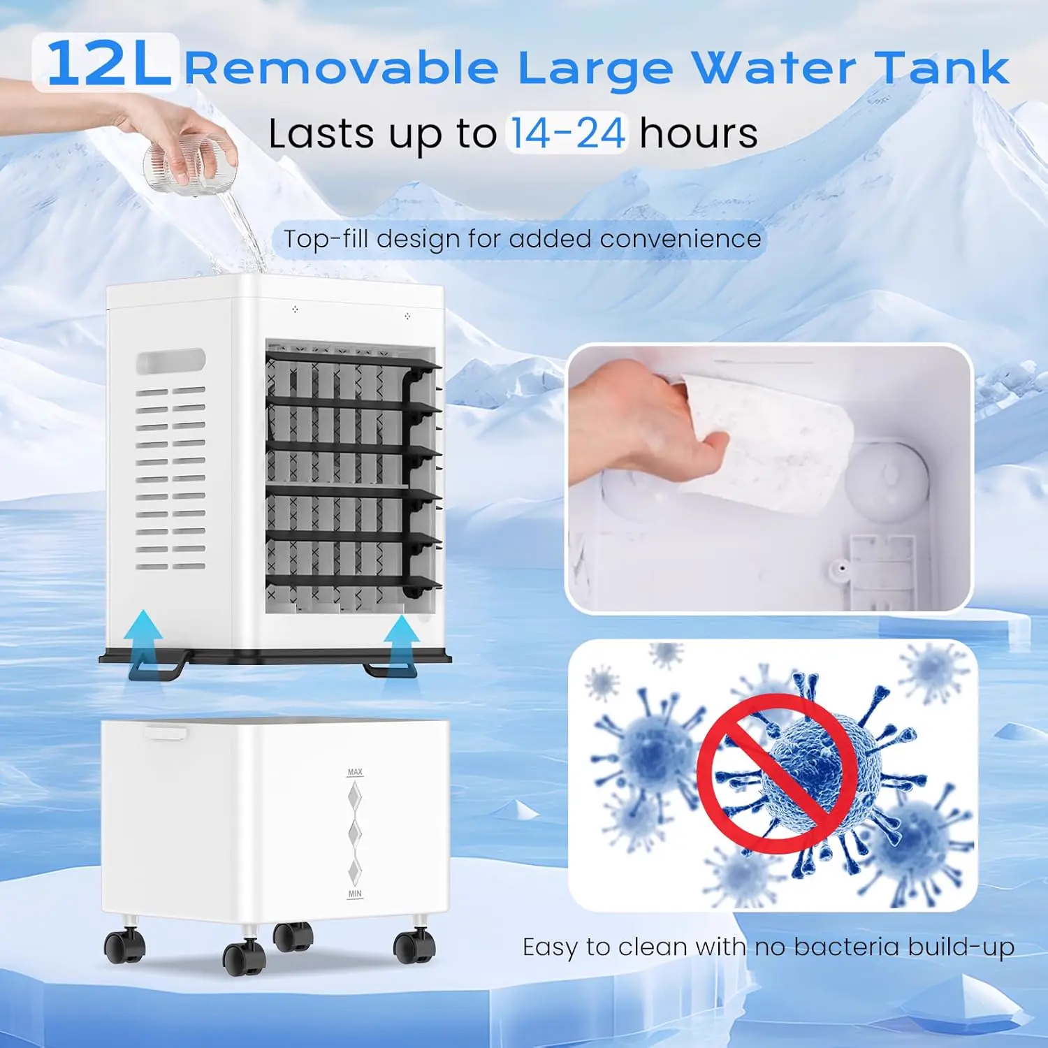 Climatiseur Mobile Silencieux Sans Évacuation 12L Rafraichisseur d'air, Entrée d'Air sur 3 Côtés, 45W, 6 Vitesses, 24H Minuterie, 3 Modes, Oscillation 60°/120°, 4 Blocs de Glace pour Chambre, Bureau vue 3