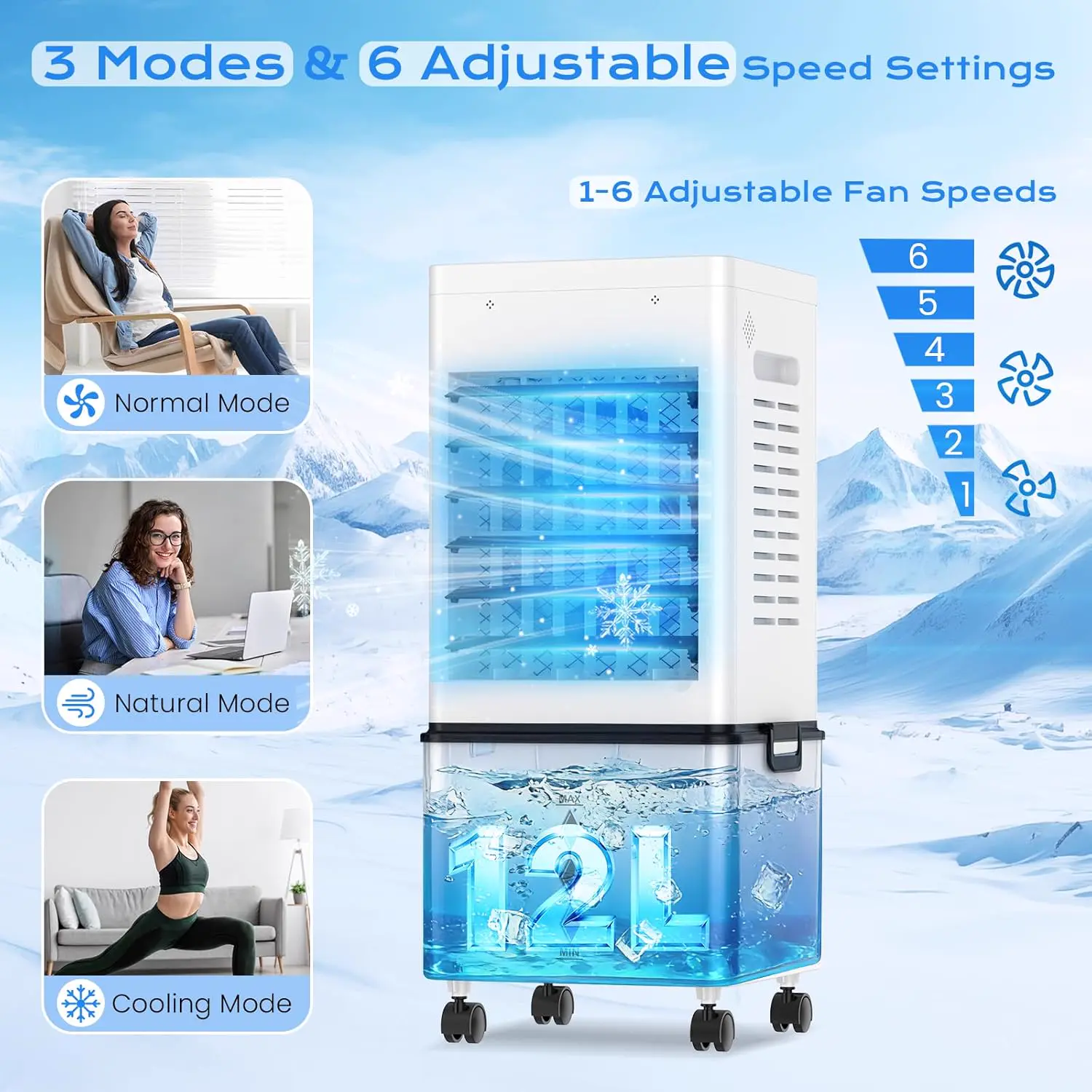 Climatiseur Mobile Silencieux Sans Évacuation 12L Rafraichisseur d'air, Entrée d'Air sur 3 Côtés, 45W, 6 Vitesses, 24H Minuterie, 3 Modes, Oscillation 60°/120°, 4 Blocs de Glace pour Chambre, Bureau vue 4