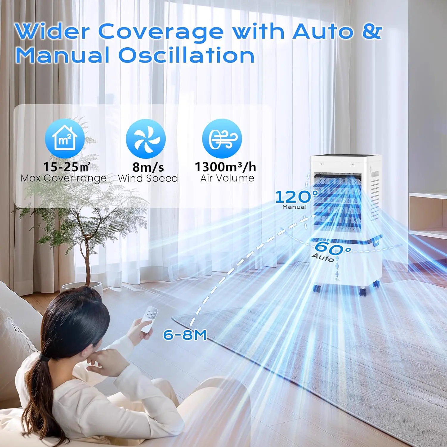 Climatiseur Mobile Silencieux Sans Évacuation 12L Rafraichisseur d'air, Entrée d'Air sur 3 Côtés, 45W, 6 Vitesses, 24H Minuterie, 3 Modes, Oscillation 60°/120°, 4 Blocs de Glace pour Chambre, Bureau vue 6