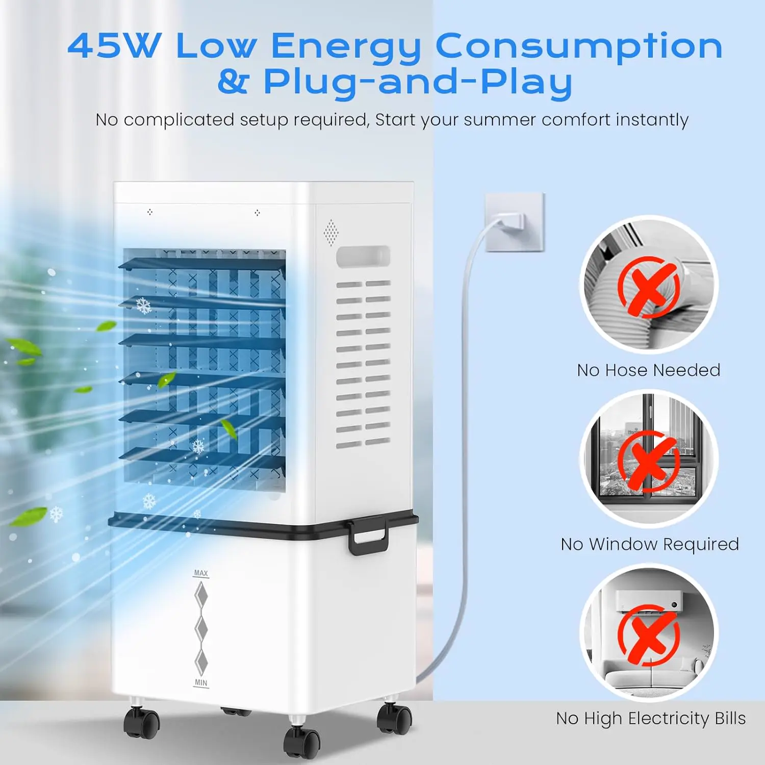 Climatiseur Mobile Silencieux Sans Évacuation 12L Rafraichisseur d'air, Entrée d'Air sur 3 Côtés, 45W, 6 Vitesses, 24H Minuterie, 3 Modes, Oscillation 60°/120°, 4 Blocs de Glace pour Chambre, Bureau vue 7