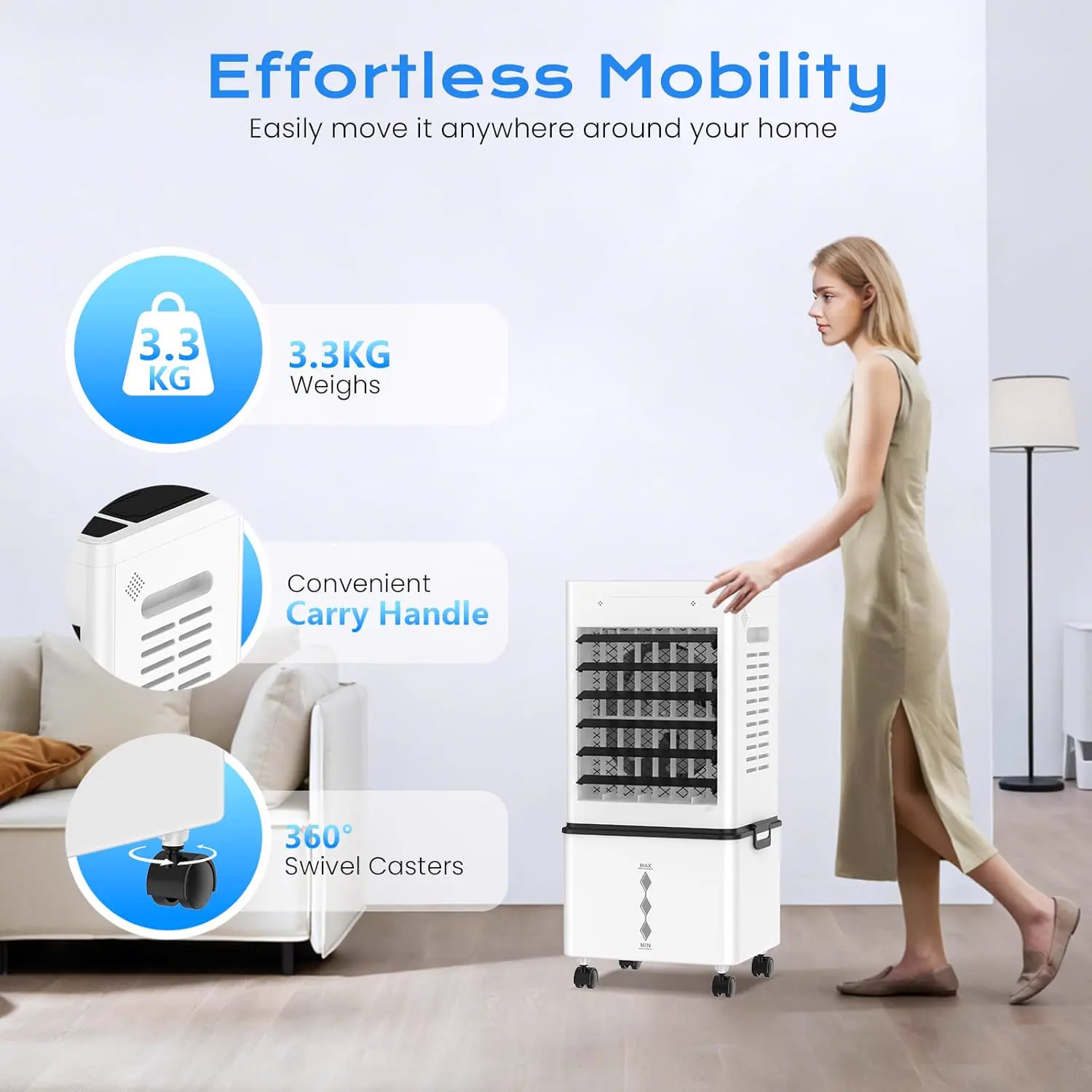 Climatiseur Mobile Silencieux Sans Évacuation 12L Rafraichisseur d'air, Entrée d'Air sur 3 Côtés, 45W, 6 Vitesses, 24H Minuterie, 3 Modes, Oscillation 60°/120°, 4 Blocs de Glace pour Chambre, Bureau vue 8