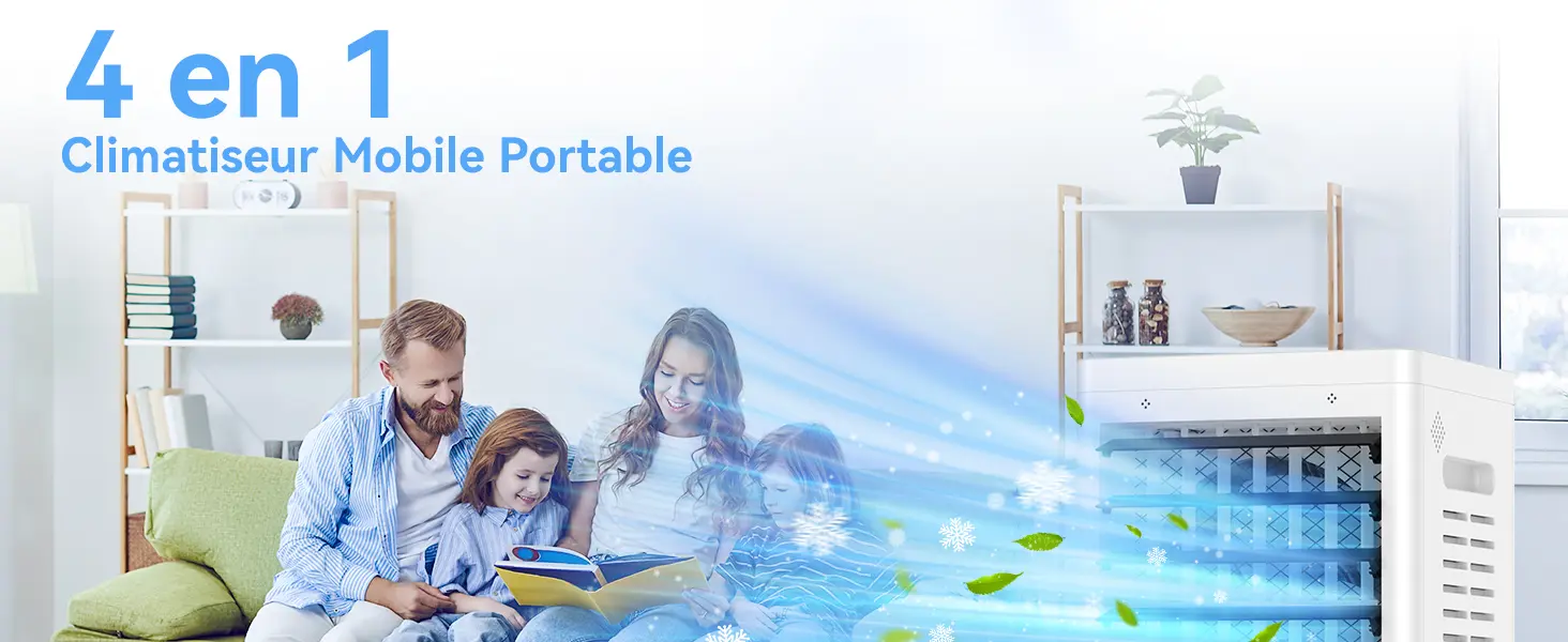 Climatiseur Mobile Silencieux Sans Évacuation 12L Rafraichisseur d'air, Entrée d'Air sur 3 Côtés, 45W, 6 Vitesses, 24H Minuterie, 3 Modes, Oscillation 60°/120°, 4 Blocs de Glace pour Chambre, Bureau — contenu détaillé 1