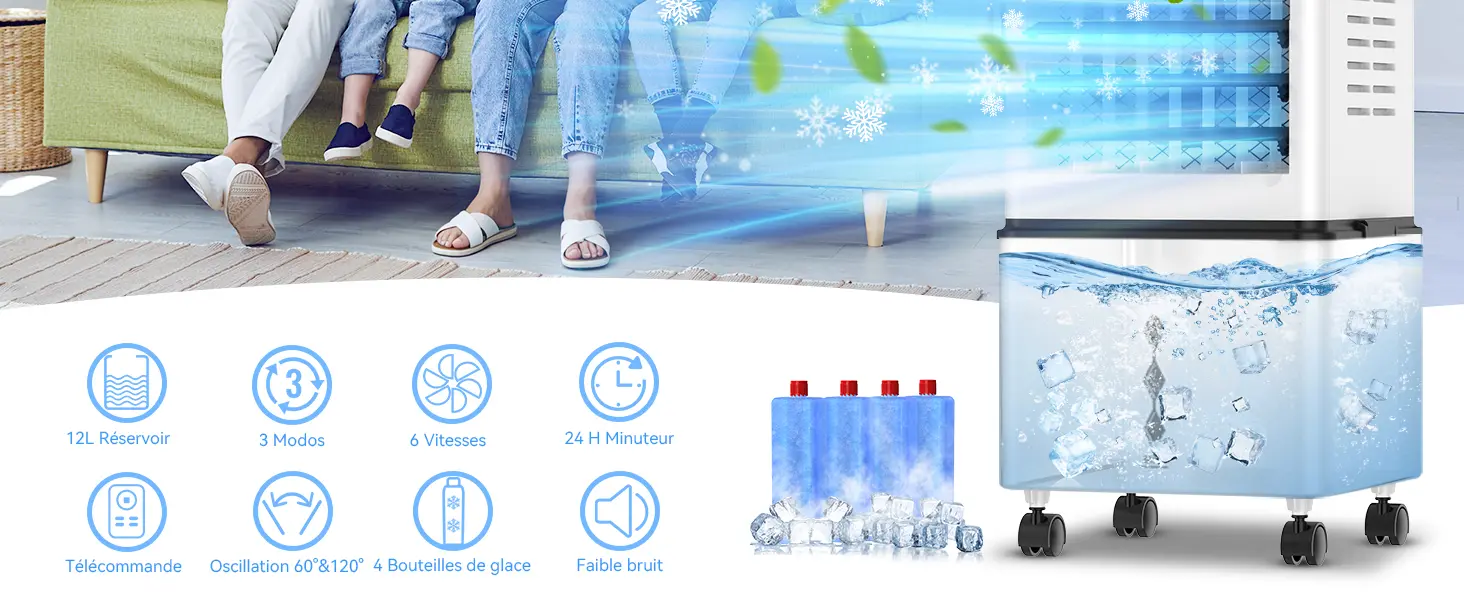 Climatiseur Mobile Silencieux Sans Évacuation 12L Rafraichisseur d'air, Entrée d'Air sur 3 Côtés, 45W, 6 Vitesses, 24H Minuterie, 3 Modes, Oscillation 60°/120°, 4 Blocs de Glace pour Chambre, Bureau — contenu détaillé 2