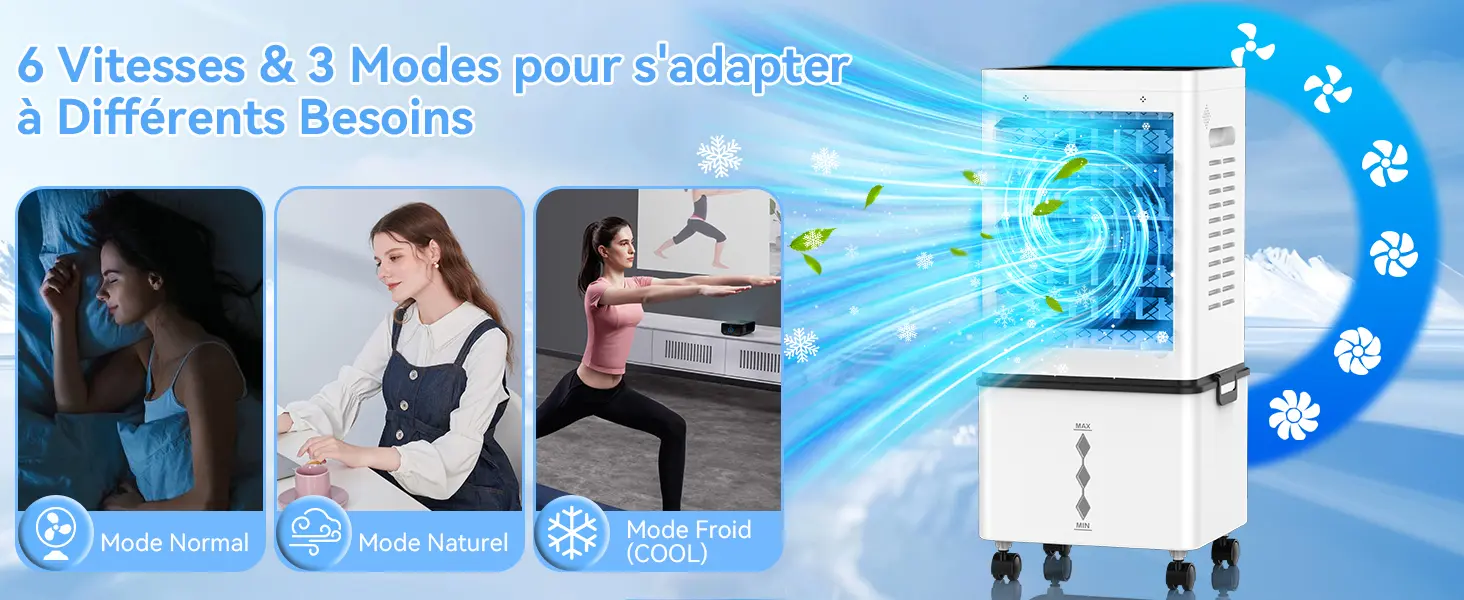 Climatiseur Mobile Silencieux Sans Évacuation 12L Rafraichisseur d'air, Entrée d'Air sur 3 Côtés, 45W, 6 Vitesses, 24H Minuterie, 3 Modes, Oscillation 60°/120°, 4 Blocs de Glace pour Chambre, Bureau — contenu détaillé 4