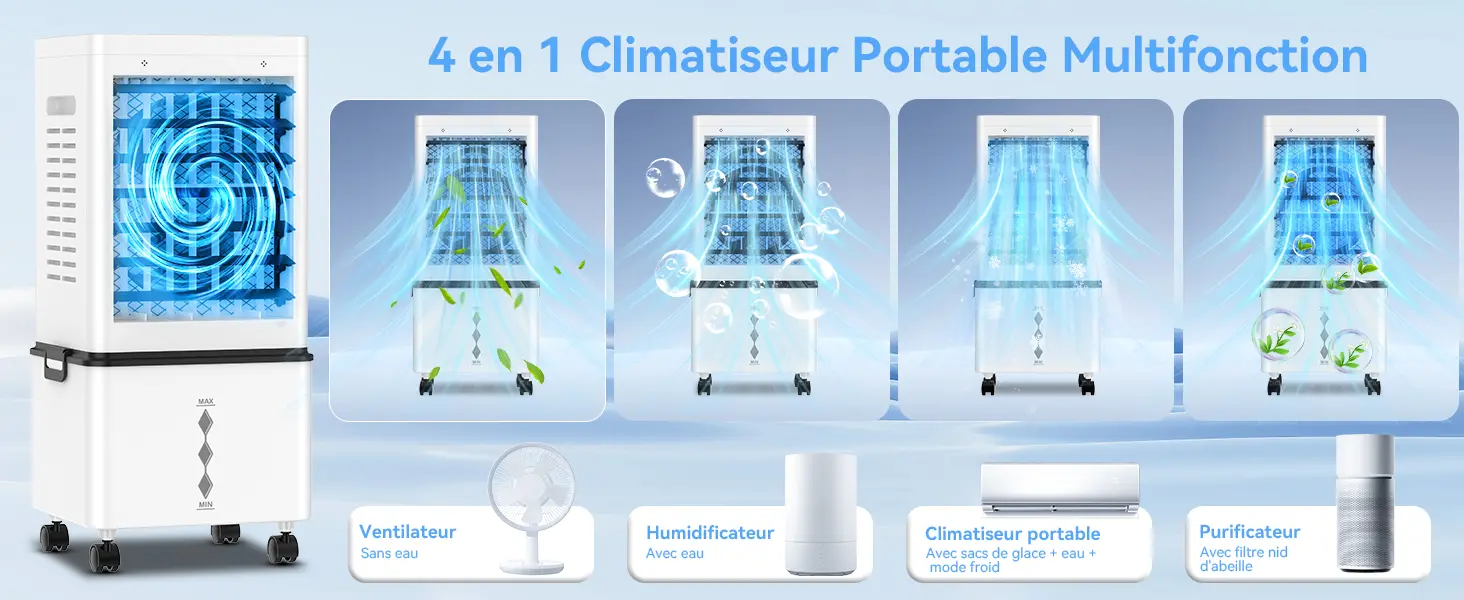 Climatiseur Mobile Silencieux Sans Évacuation 12L Rafraichisseur d'air, Entrée d'Air sur 3 Côtés, 45W, 6 Vitesses, 24H Minuterie, 3 Modes, Oscillation 60°/120°, 4 Blocs de Glace pour Chambre, Bureau — contenu détaillé 5