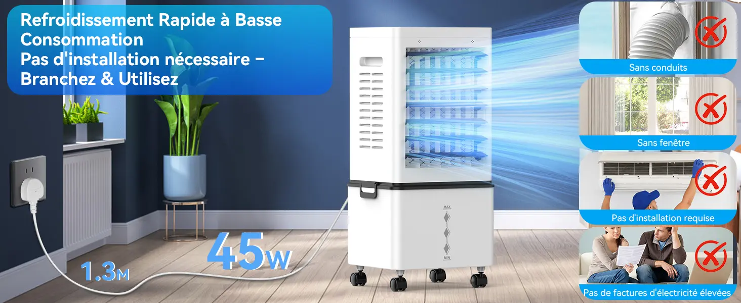 Climatiseur Mobile Silencieux Sans Évacuation 12L Rafraichisseur d'air, Entrée d'Air sur 3 Côtés, 45W, 6 Vitesses, 24H Minuterie, 3 Modes, Oscillation 60°/120°, 4 Blocs de Glace pour Chambre, Bureau — contenu détaillé 6