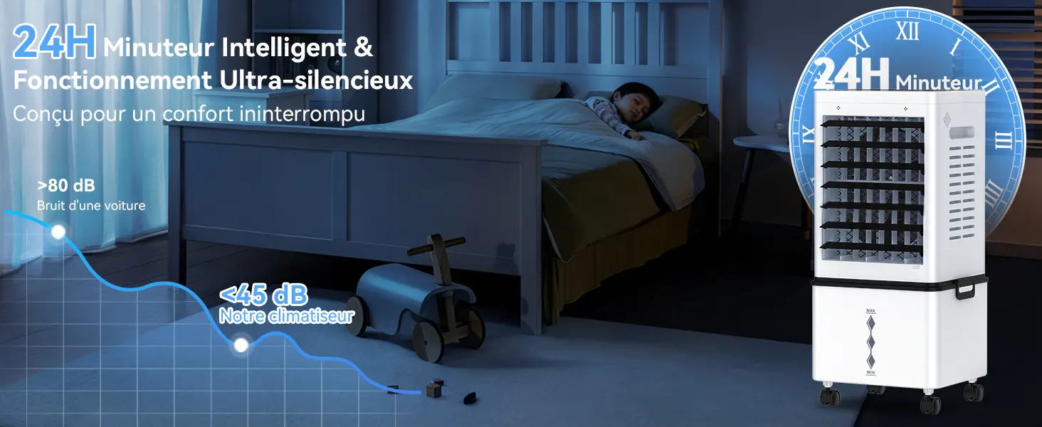 Climatiseur Mobile Silencieux Sans Évacuation 12L Rafraichisseur d'air, Entrée d'Air sur 3 Côtés, 45W, 6 Vitesses, 24H Minuterie, 3 Modes, Oscillation 60°/120°, 4 Blocs de Glace pour Chambre, Bureau — contenu détaillé 7