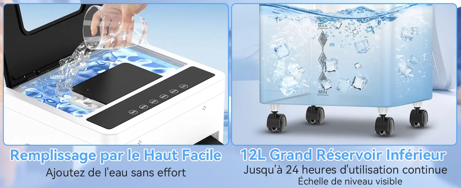 Climatiseur Mobile Silencieux Sans Évacuation 12L Rafraichisseur d'air, Entrée d'Air sur 3 Côtés, 45W, 6 Vitesses, 24H Minuterie, 3 Modes, Oscillation 60°/120°, 4 Blocs de Glace pour Chambre, Bureau — contenu détaillé 8