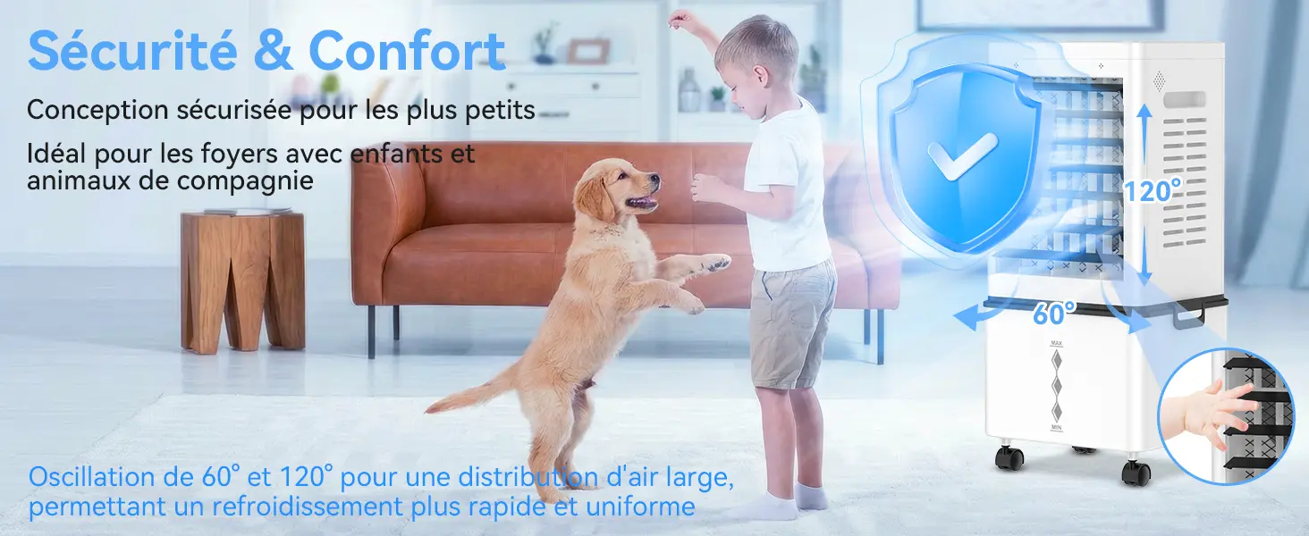 Climatiseur Mobile Silencieux Sans Évacuation 12L Rafraichisseur d'air, Entrée d'Air sur 3 Côtés, 45W, 6 Vitesses, 24H Minuterie, 3 Modes, Oscillation 60°/120°, 4 Blocs de Glace pour Chambre, Bureau — contenu détaillé 9