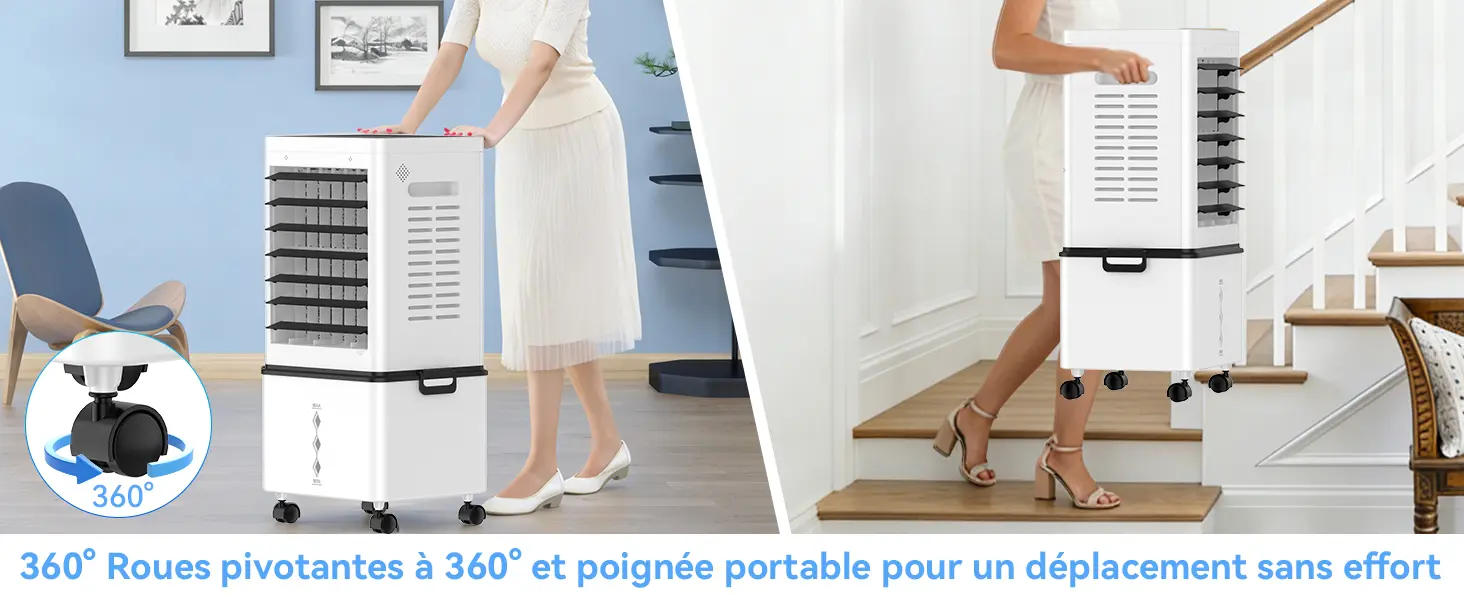 Climatiseur Mobile Silencieux Sans Évacuation 12L Rafraichisseur d'air, Entrée d'Air sur 3 Côtés, 45W, 6 Vitesses, 24H Minuterie, 3 Modes, Oscillation 60°/120°, 4 Blocs de Glace pour Chambre, Bureau — contenu détaillé 10