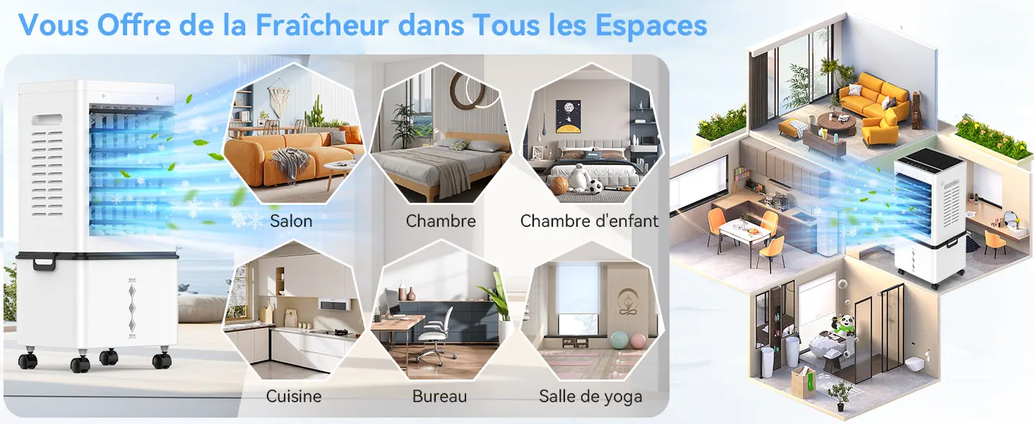 Climatiseur Mobile Silencieux Sans Évacuation 12L Rafraichisseur d'air, Entrée d'Air sur 3 Côtés, 45W, 6 Vitesses, 24H Minuterie, 3 Modes, Oscillation 60°/120°, 4 Blocs de Glace pour Chambre, Bureau — contenu détaillé 11