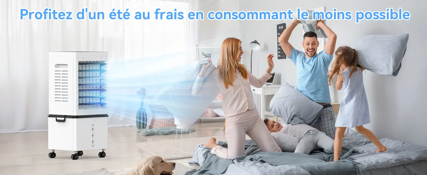 Climatiseur Mobile Silencieux Sans Évacuation 12L Rafraichisseur d'air, Entrée d'Air sur 3 Côtés, 45W, 6 Vitesses, 24H Minuterie, 3 Modes, Oscillation 60°/120°, 4 Blocs de Glace pour Chambre, Bureau — contenu détaillé 12
