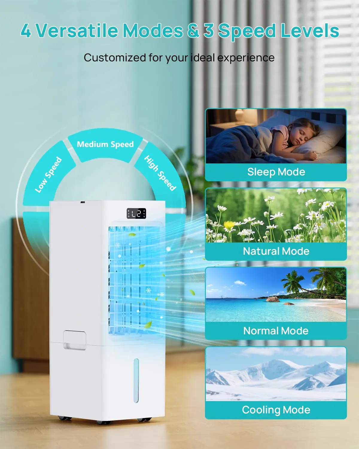 Climatiseur Mobile 4 en 1, Rafraîchisseur d'Air avec Minuterie 1-12H, 3 Vitesses 4 Modes, Réservoir 6L, Télécommande, Portable, pour Chambre, Salon, Bureau et Maison vue 2