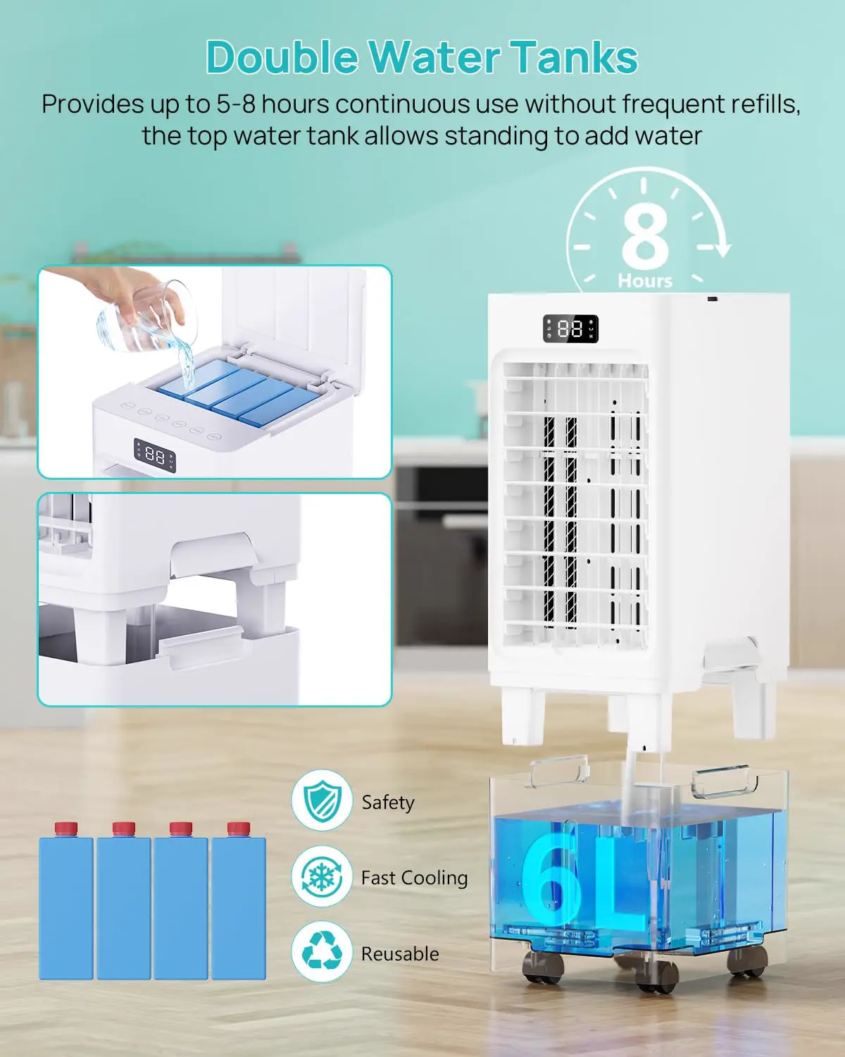 Climatiseur Mobile 4 en 1, Rafraîchisseur d'Air avec Minuterie 1-12H, 3 Vitesses 4 Modes, Réservoir 6L, Télécommande, Portable, pour Chambre, Salon, Bureau et Maison vue 3