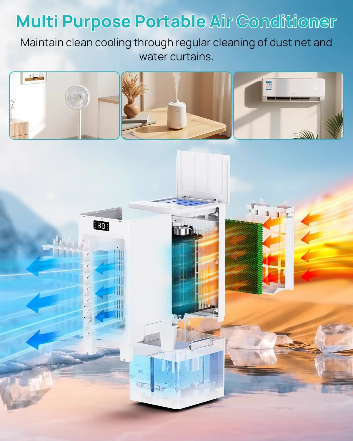 Climatiseur Mobile 4 en 1, Rafraîchisseur d'Air avec Minuterie 1-12H, 3 Vitesses 4 Modes, Réservoir 6L, Télécommande, Portable, pour Chambre, Salon, Bureau et Maison vue 8