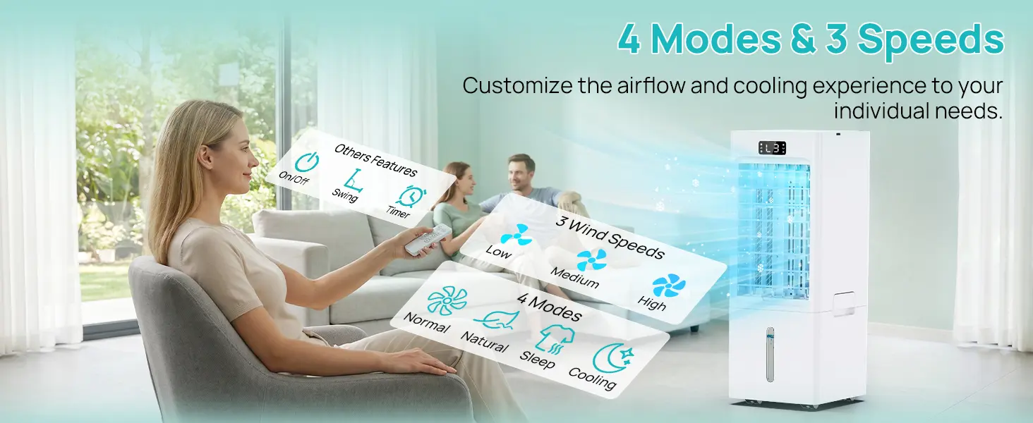 Climatiseur Mobile 4 en 1, Rafraîchisseur d'Air avec Minuterie 1-12H, 3 Vitesses 4 Modes, Réservoir 6L, Télécommande, Portable, pour Chambre, Salon, Bureau et Maison — contenu détaillé 3