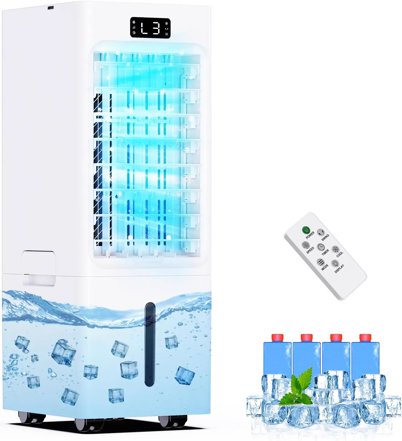 Climatiseur Mobile 4 en 1, Rafraîchisseur d'Air avec 3 Vitesses 4 Modes, Minuterie 1-12H, Réservoir 6L, 4 Pack Glacons, Télécommande Incluse, pour Chambre, Salon, Bureau et Maison