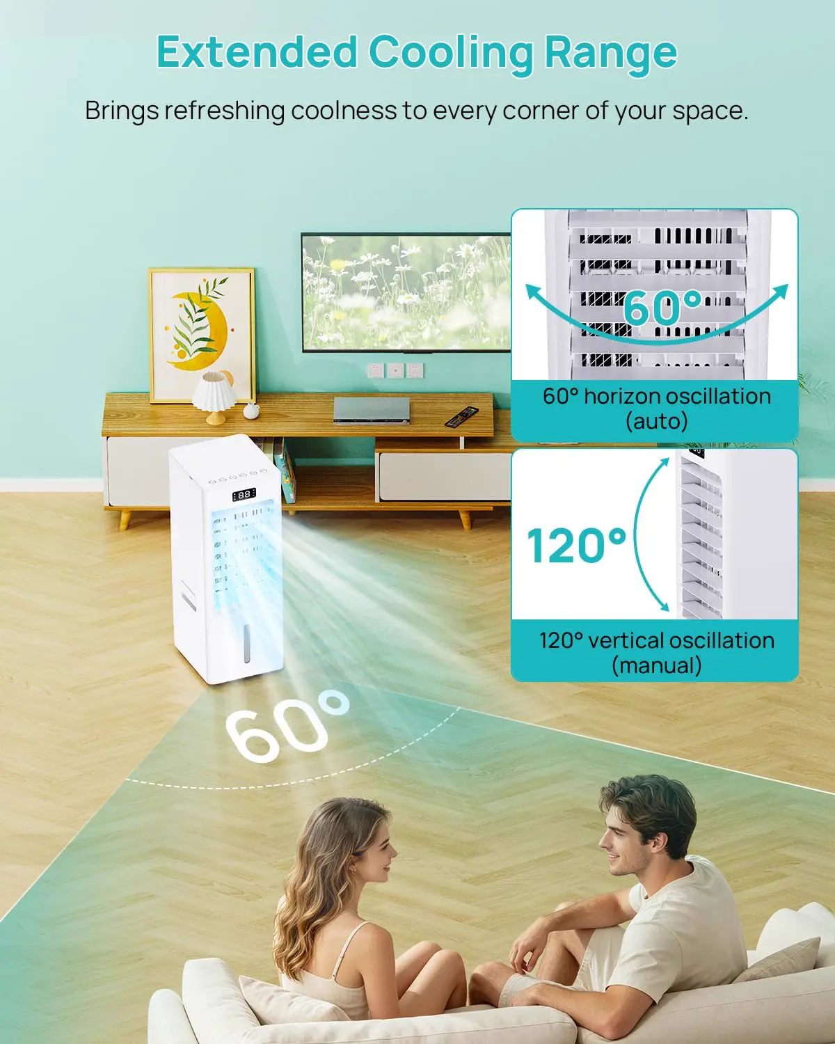 Climatiseur Mobile 4 en 1, Rafraîchisseur d'Air avec 3 Vitesses 4 Modes, Minuterie 1-12H, Réservoir 6L, 4 Pack Glacons, Télécommande Incluse, pour Chambre, Salon, Bureau et Maison vue 5
