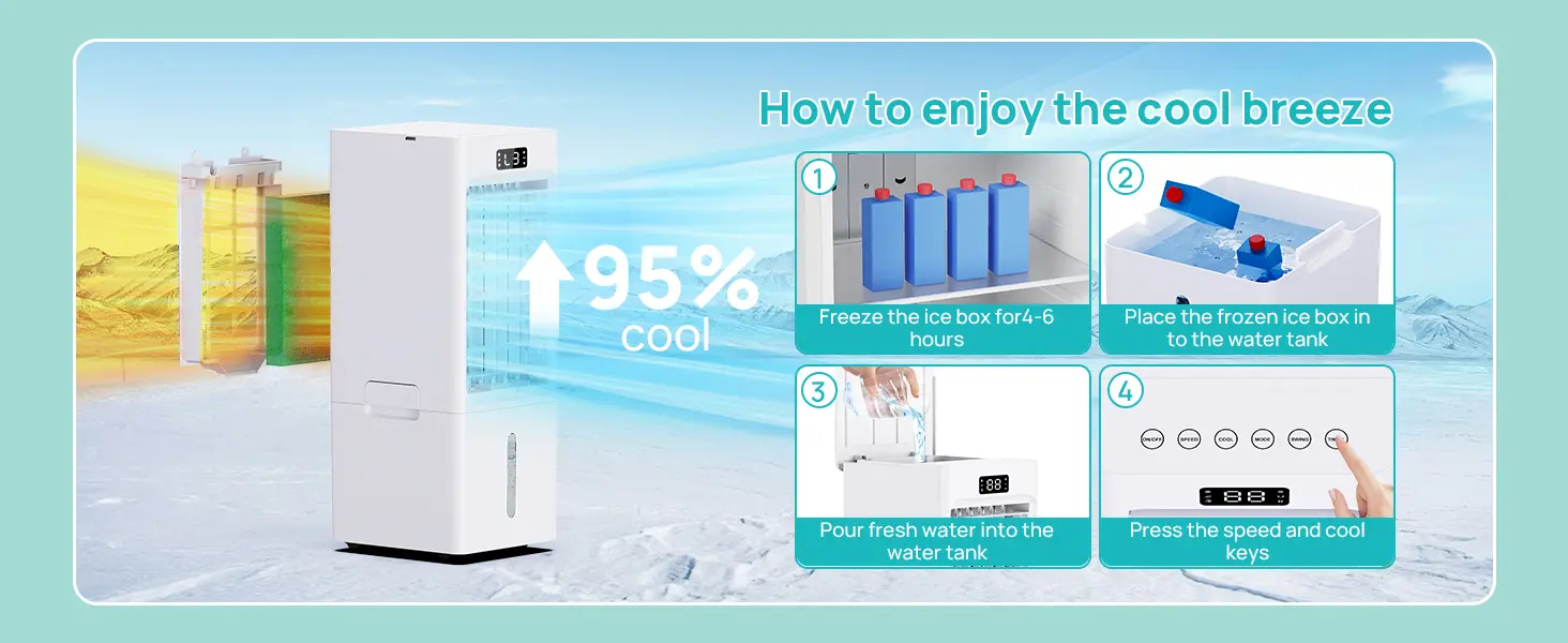 Climatiseur Mobile 4 en 1, Rafraîchisseur d'Air avec 3 Vitesses 4 Modes, Minuterie 1-12H, Réservoir 6L, 4 Pack Glacons, Télécommande Incluse, pour Chambre, Salon, Bureau et Maison — contenu détaillé 10