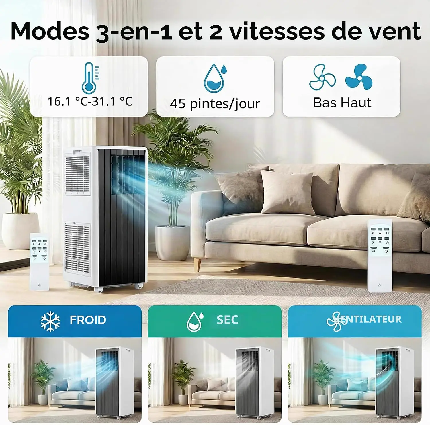 Climatiseur mobile 8000 BTU, refroidissement 3 en 1 AC, climatiseur portable avec mode veille, climatiseur au sol sans ventilation, 3 ventilateurs vue 4