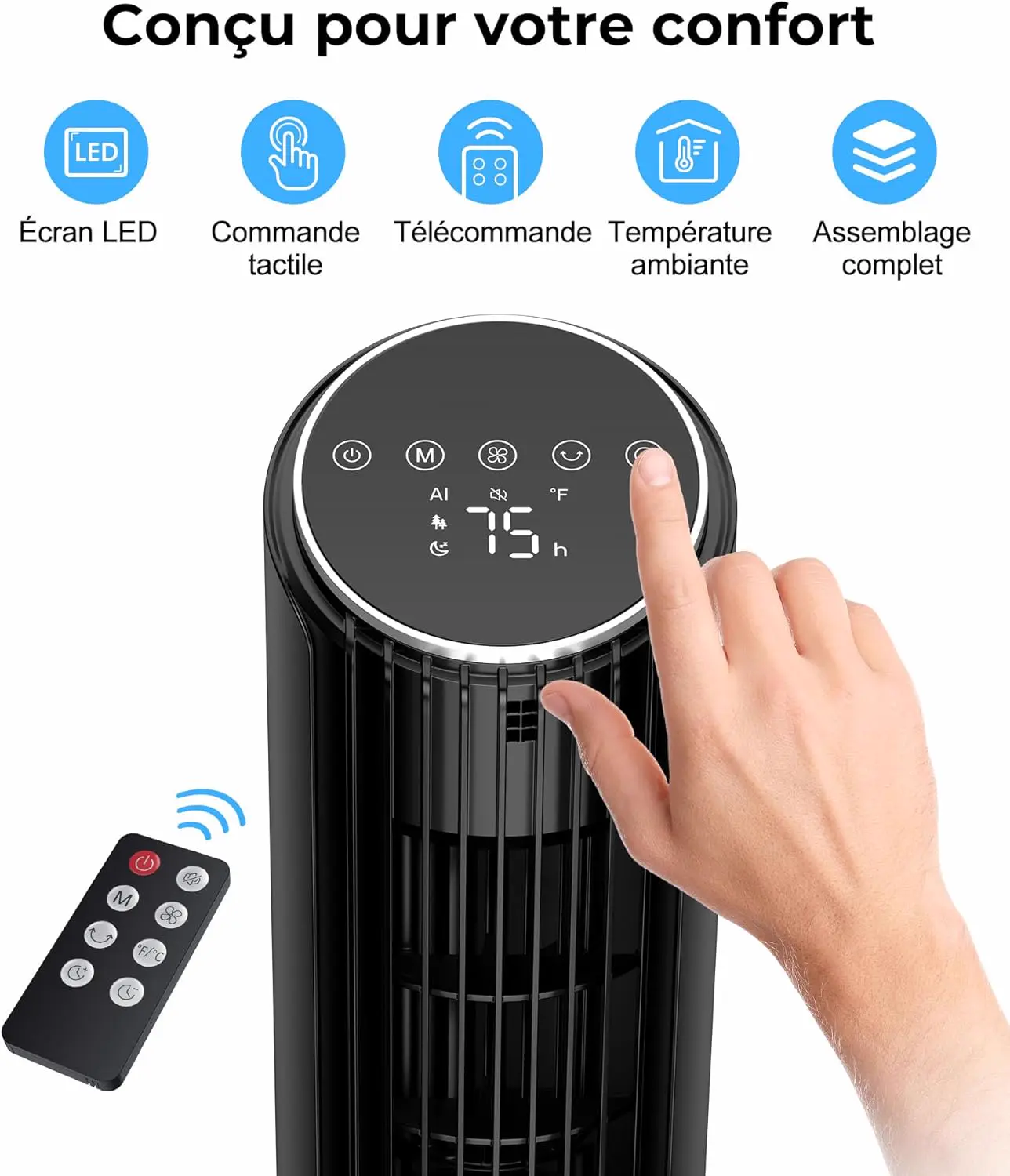 PNTCK Ventilateur tour avec télécommande, 33 cm, silencieux, 4 vue 7