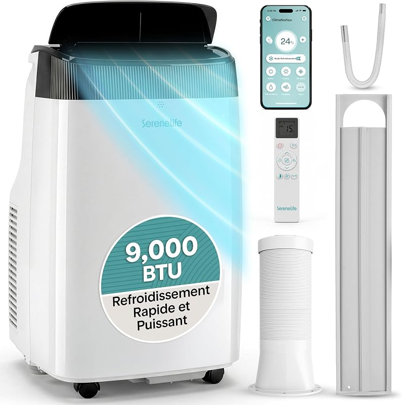 SereneLife Climatiseur Mobile 14000 BTU 2,9 kW avec Évacuation – WiFi 4 en 1 pour pièces jusqu’à 45 m², Refroidit Chauffe Ventile Déshumidifie vue 1