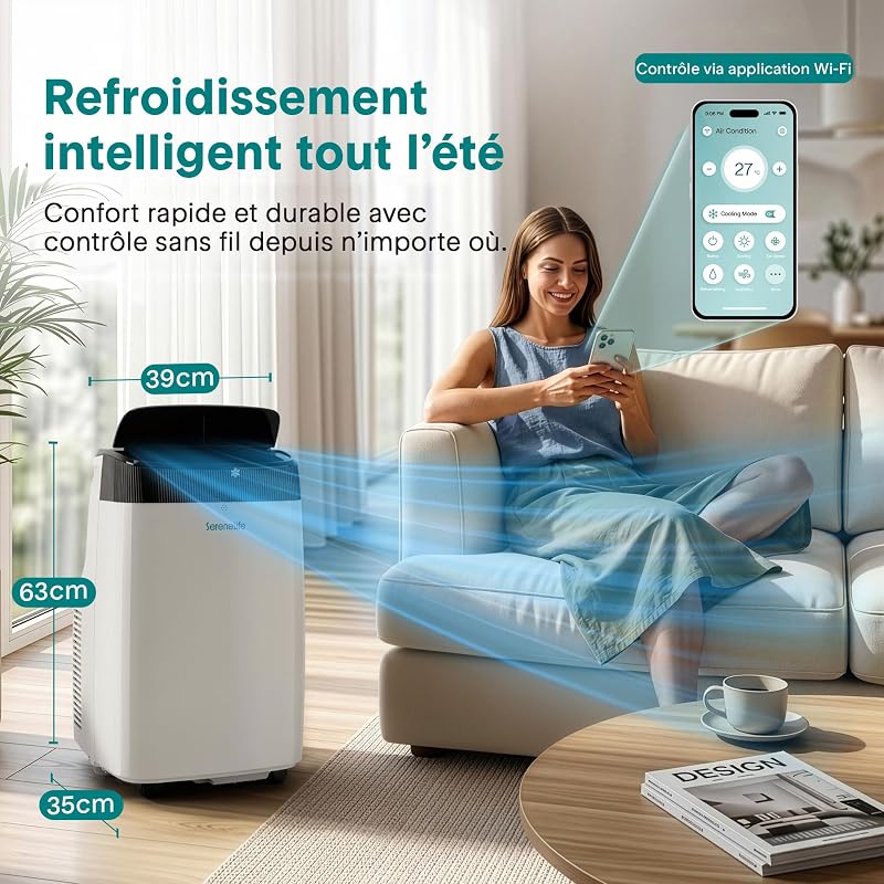SereneLife Climatiseur Mobile 14000 BTU 2,9 kW avec Évacuation – WiFi 4 en 1 pour pièces jusqu’à 45 m², Refroidit Chauffe Ventile Déshumidifie vue 2