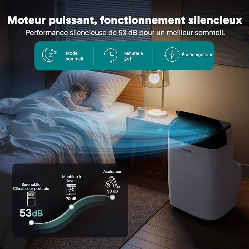 SereneLife Climatiseur Mobile 14000 BTU 2,9 kW avec Évacuation – WiFi 4 en 1 pour pièces jusqu’à 45 m², Refroidit Chauffe Ventile Déshumidifie vue 7