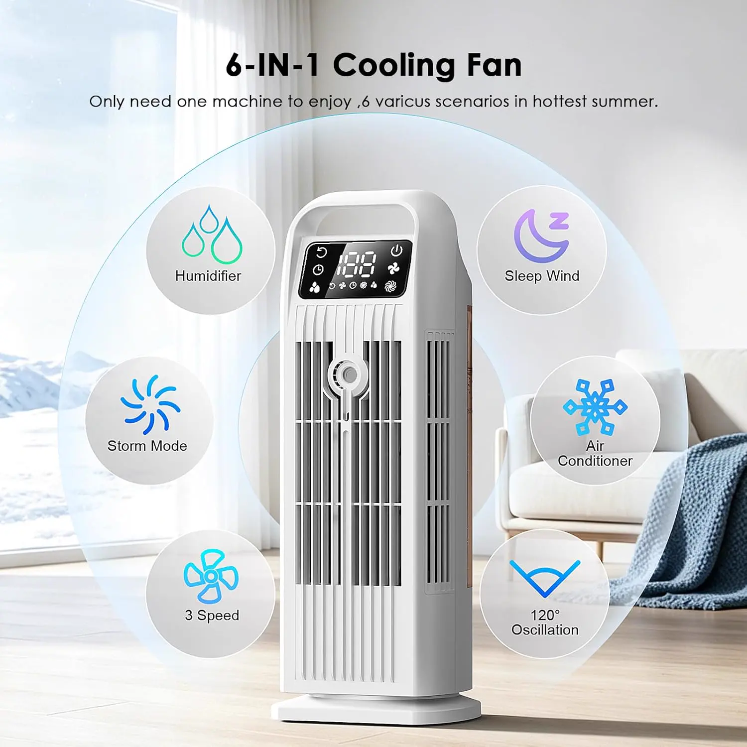 Climatiseur Mobile 6 in 1, Climatiseur Portable Silencieux avec Refroidisseur d'air 1200ml, 1-12H Minuteries, 4 Vitesses, 120°Oscillation, Touches Tactiles (Blanc Cream) vue 3