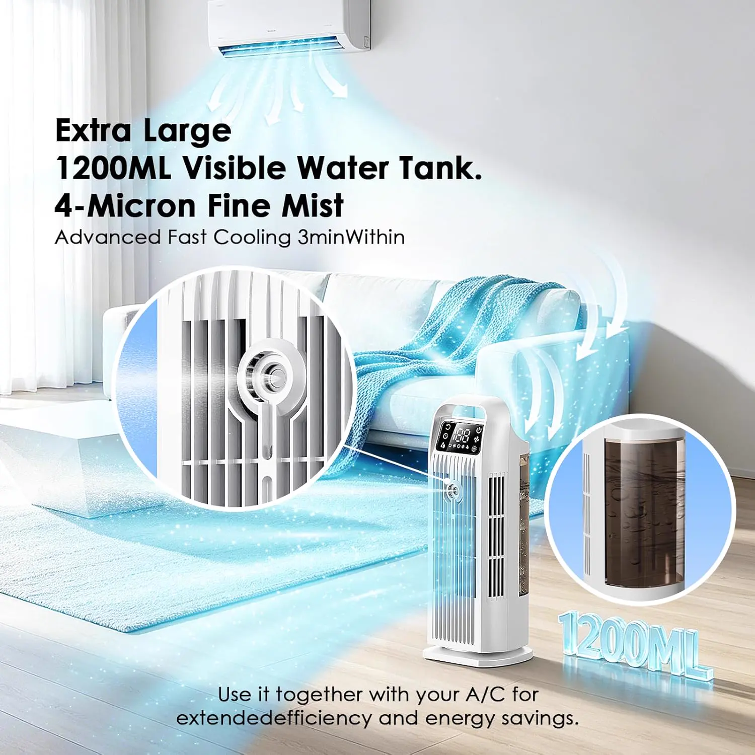 Climatiseur Mobile 6 in 1, Climatiseur Portable Silencieux avec Refroidisseur d'air 1200ml, 1-12H Minuteries, 4 Vitesses, 120°Oscillation, Touches Tactiles (Blanc Cream) vue 5