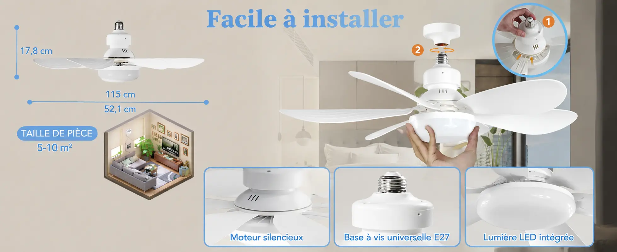 Lot de 2 Ventilateurs de Plafond E27 avec Lumière LED Dimmable — contenu détaillé 3