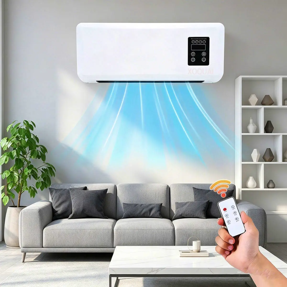Ventilateur Mural Air Froid et Chauffage avec Télécommande, Ventilateur Chaud/Froid à Poser ou Mural, Écran LCD, Climatiseur Mural Réversible Split, Pour Cuisine,Chambre à Coucher (43.5x19.5x13cm)