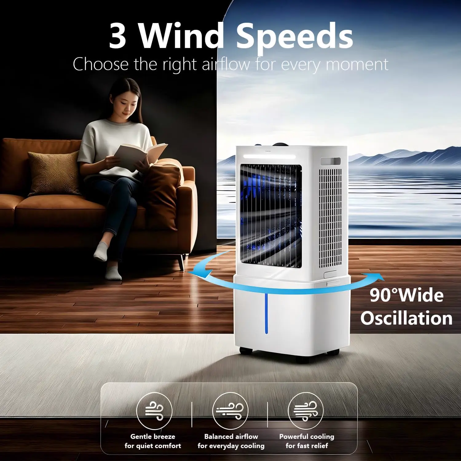Climatiseur Portable Blanc 8000 BTU Sans Évacuation | 3 Vitesses, Télécommande Incluse, Minuterie 1-12 Heures, Oscillation 90°, Réservoir Amovible vue 2