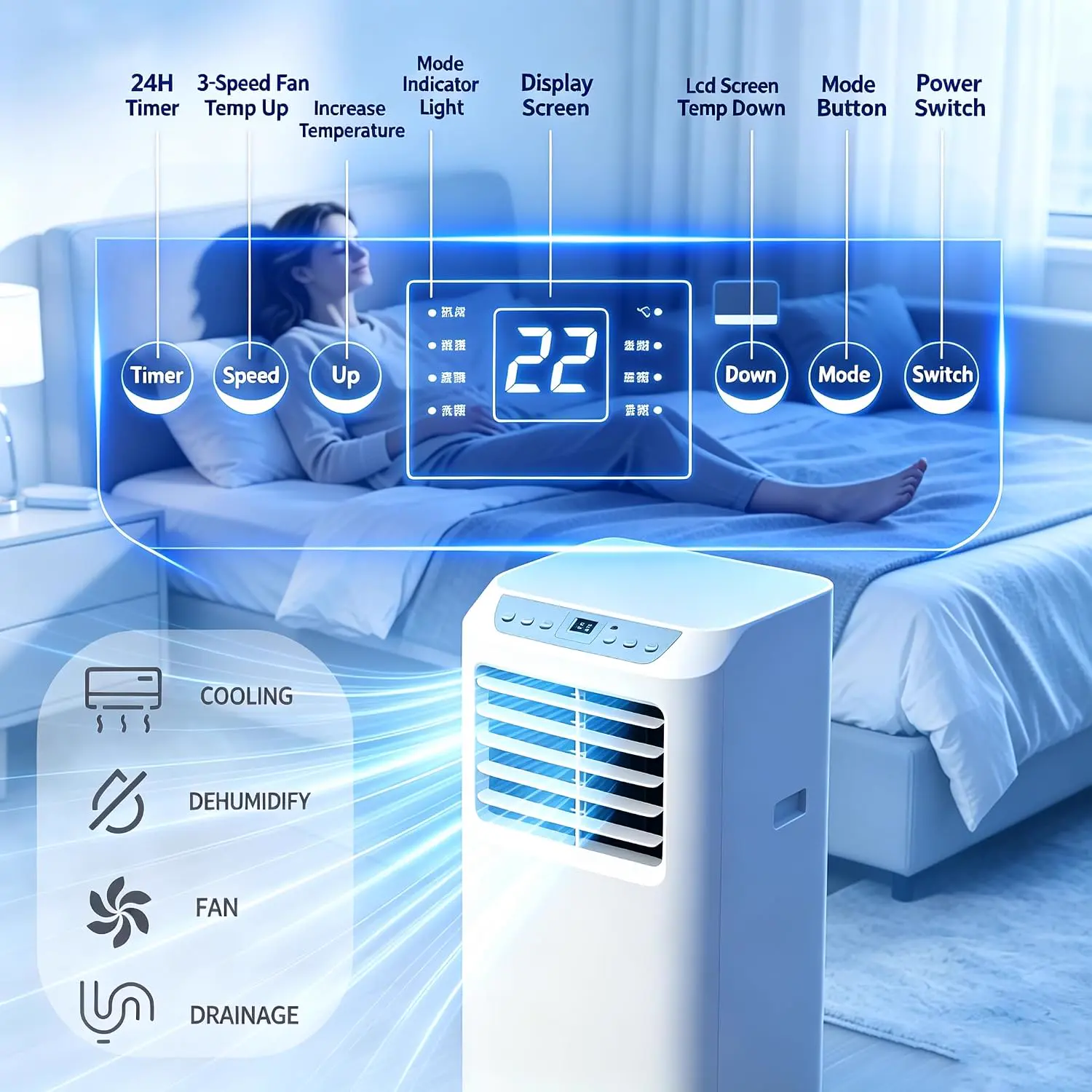 Climatiseur portable silencieux, refroidisseur mobile compact avec filtre à poussière et drainage continu, écran LED et télécommande, pour chambre ou appartement 12000btu vue 2