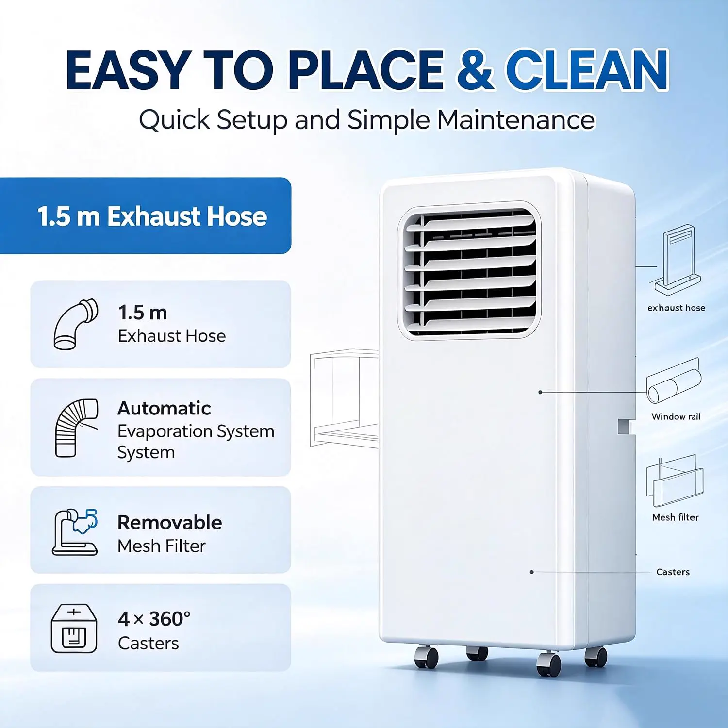 Climatiseur portable silencieux, refroidisseur mobile compact avec filtre à poussière et drainage continu, écran LED et télécommande, pour chambre ou appartement 12000btu vue 5