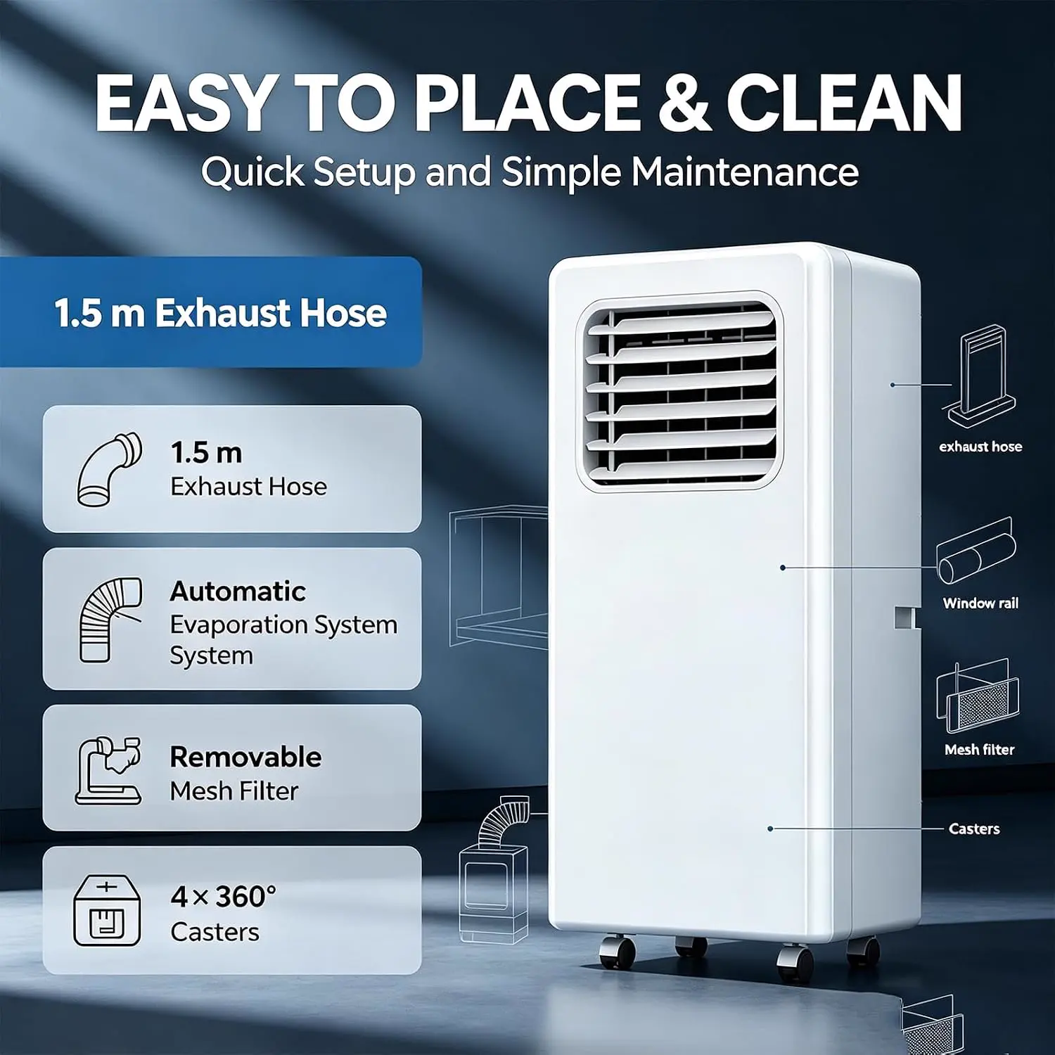 Climatiseur Mobile Puissant (12 000/18 000 BTU) – sans unité extérieure, Silencieux, sur roulettes, avec télécommande – Idéal pour Le Bureau 12000BTU vue 3