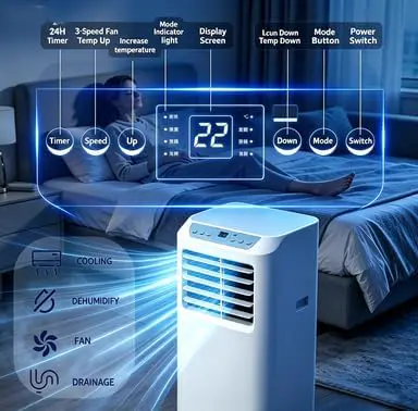 Climatiseur Mobile Puissant (12 000/18 000 BTU) – sans unité extérieure, Silencieux, sur roulettes, avec télécommande – Idéal pour Le Bureau 12000BTU vue 6